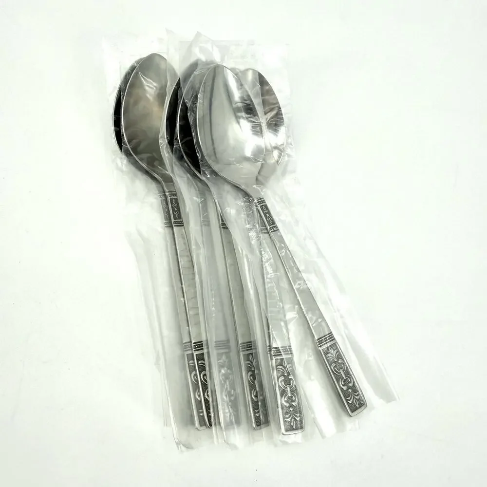 Customcraft Set~8 Stainless Teaspoons CUS3 Taiwan Flatware Silver/Black Accent